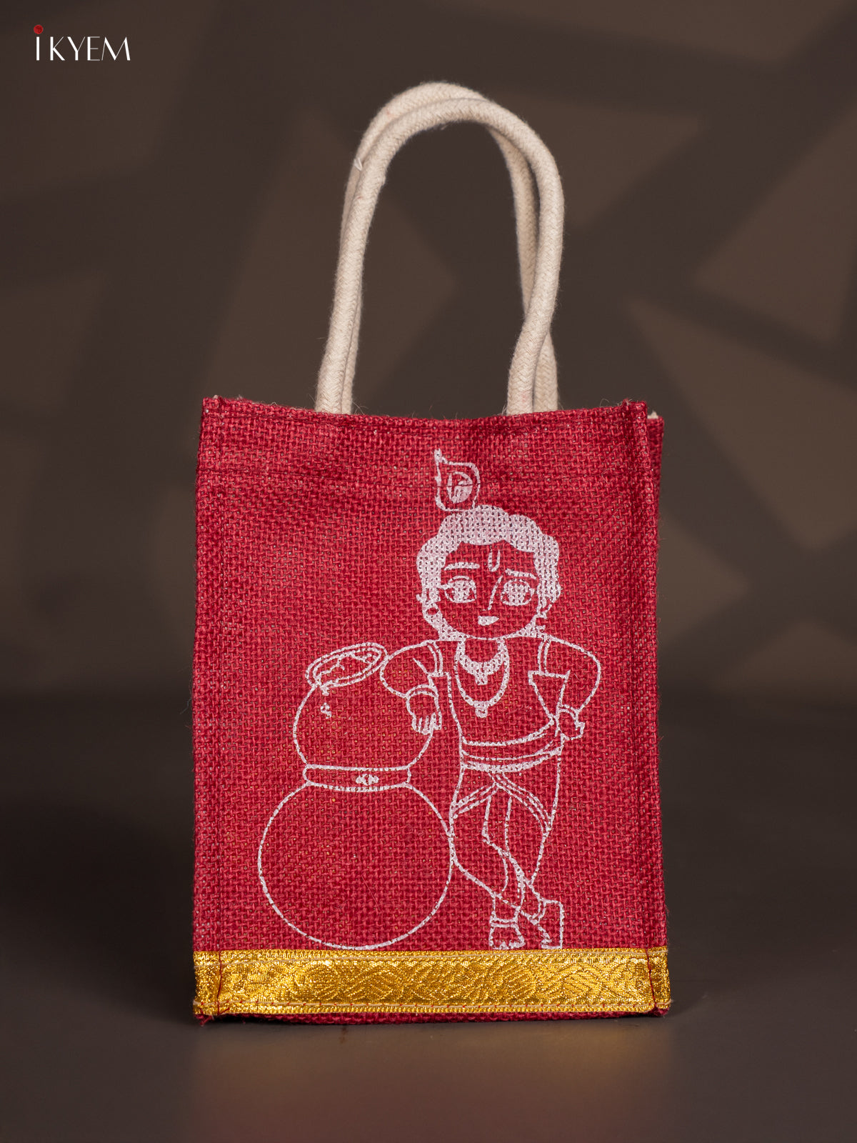 Cute Krishna Printed Maroon Jute Bags With Zari Border - 8 Inch 