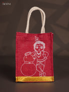 Cute Krishna Printed Maroon Jute Bags With Zari Border - 8 Inch 