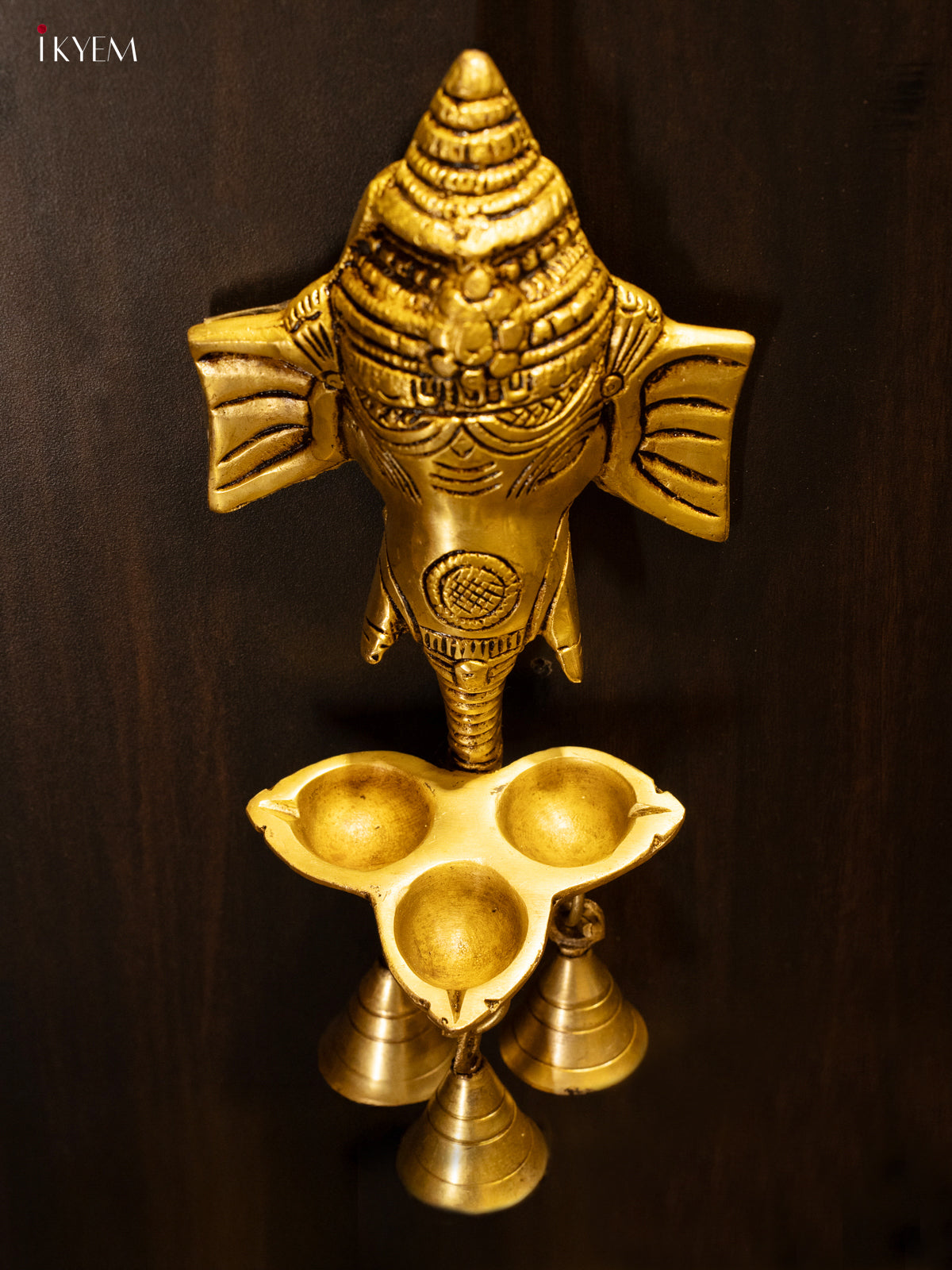 Brass Ganesha Face with 3-face Diya & Bells - KK26148