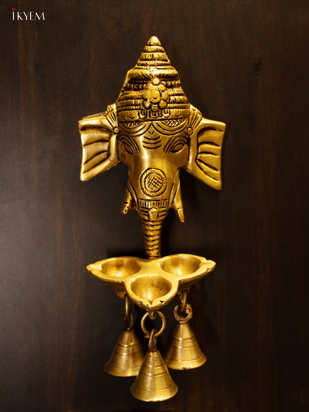Brass Ganesha Face with 3-face Diya & Bells - KK26148