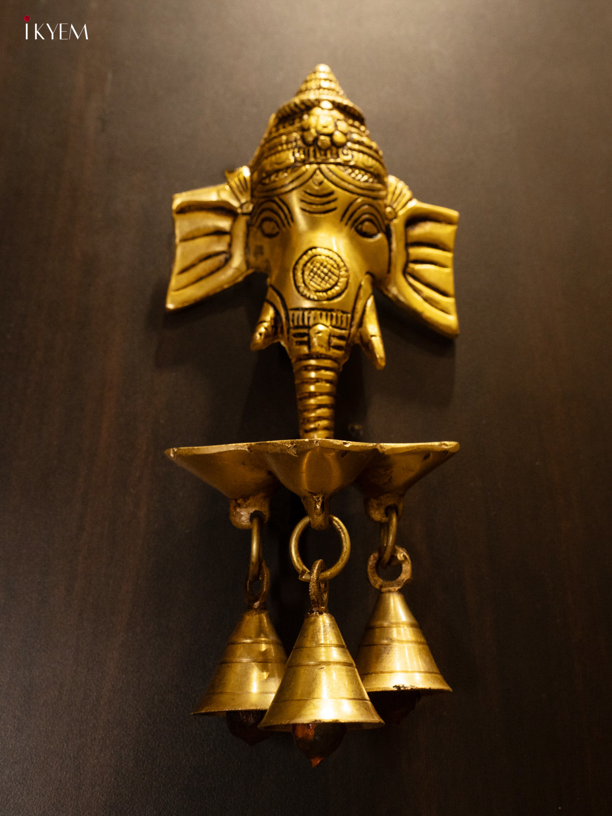 Brass Ganesha Face with 3-face Diya & Bells - KK26148