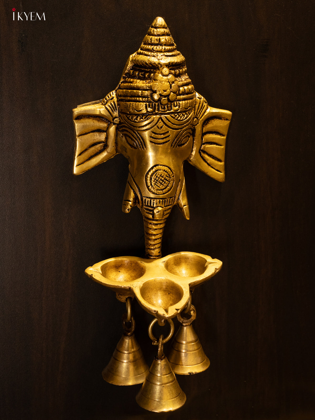 Brass Ganesha Face with 3-face Diya & Bells - KK26148