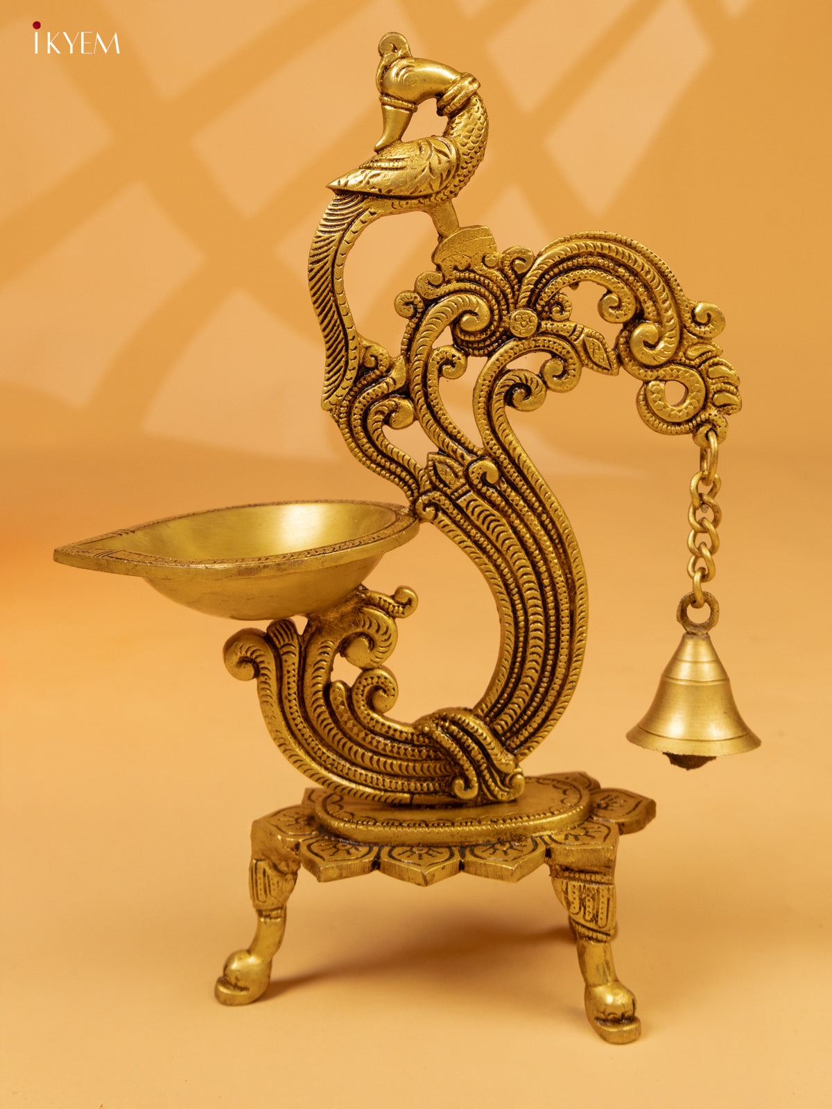 Brass Peacock Diya with Chowki & Bells -12.2 Inch- KK26162