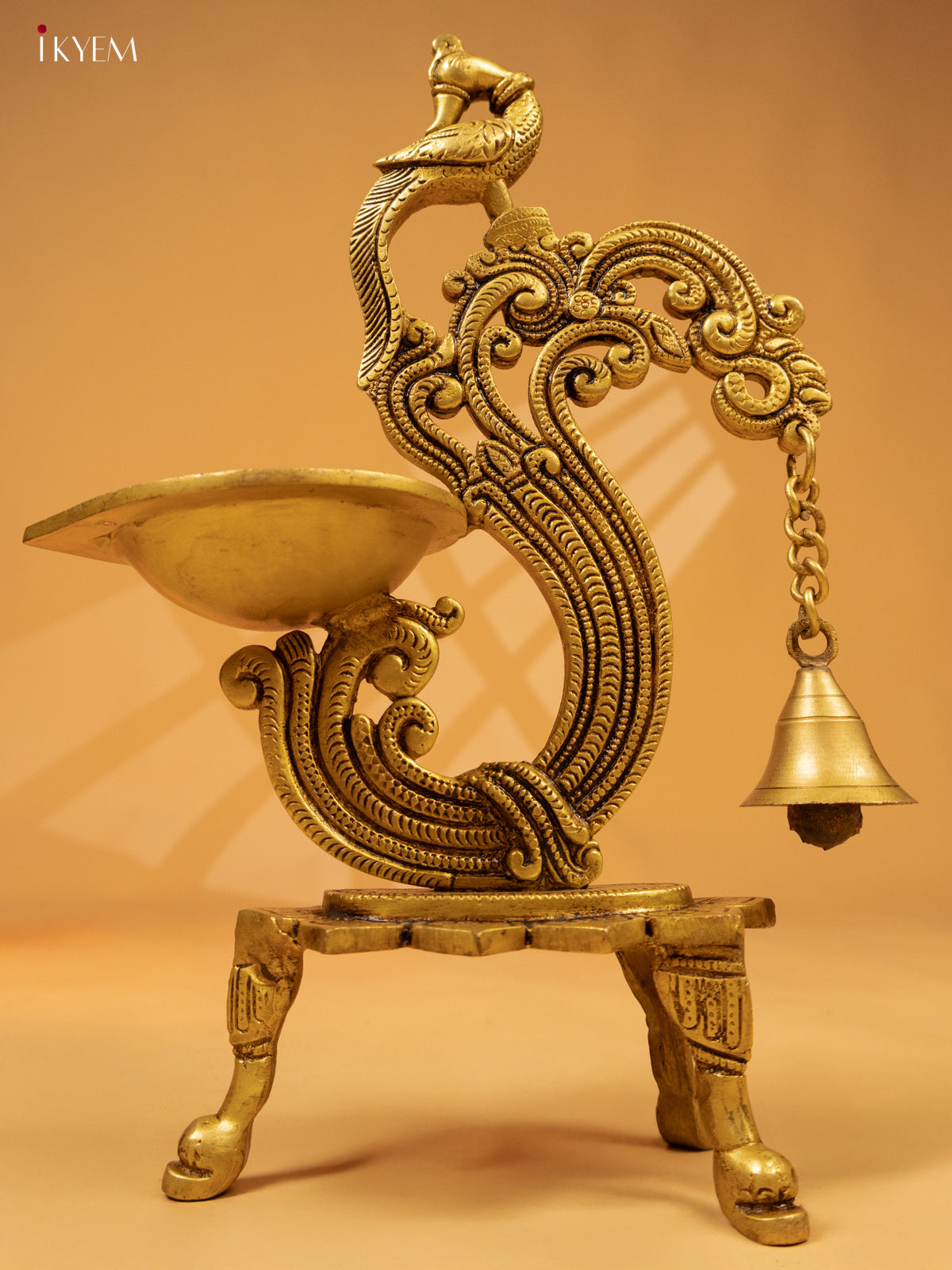 Brass Peacock Diya with Chowki & Bells -12.2 Inch- KK26162