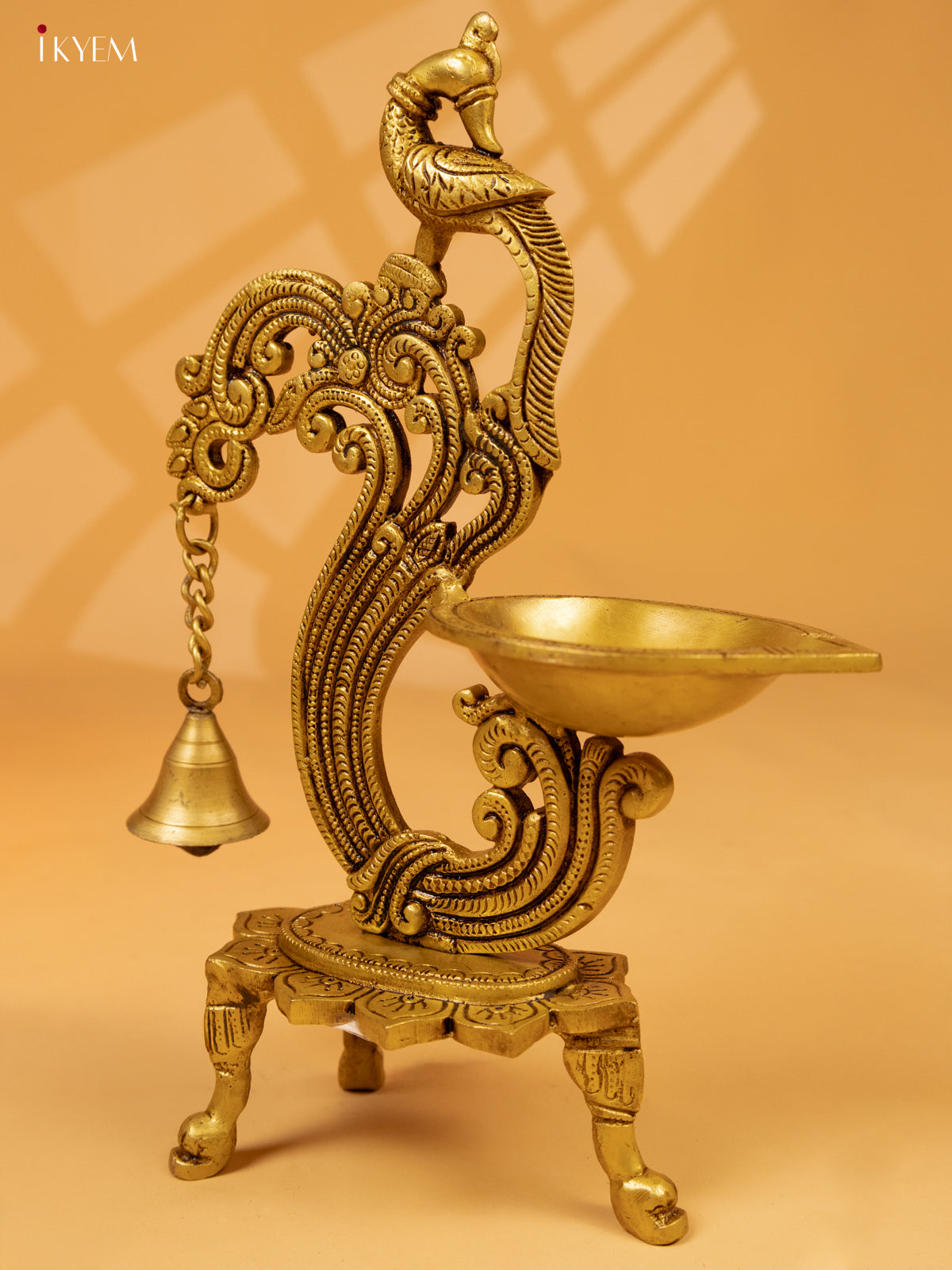 Brass Peacock Diya with Chowki & Bells -12.2 Inch- KK26162