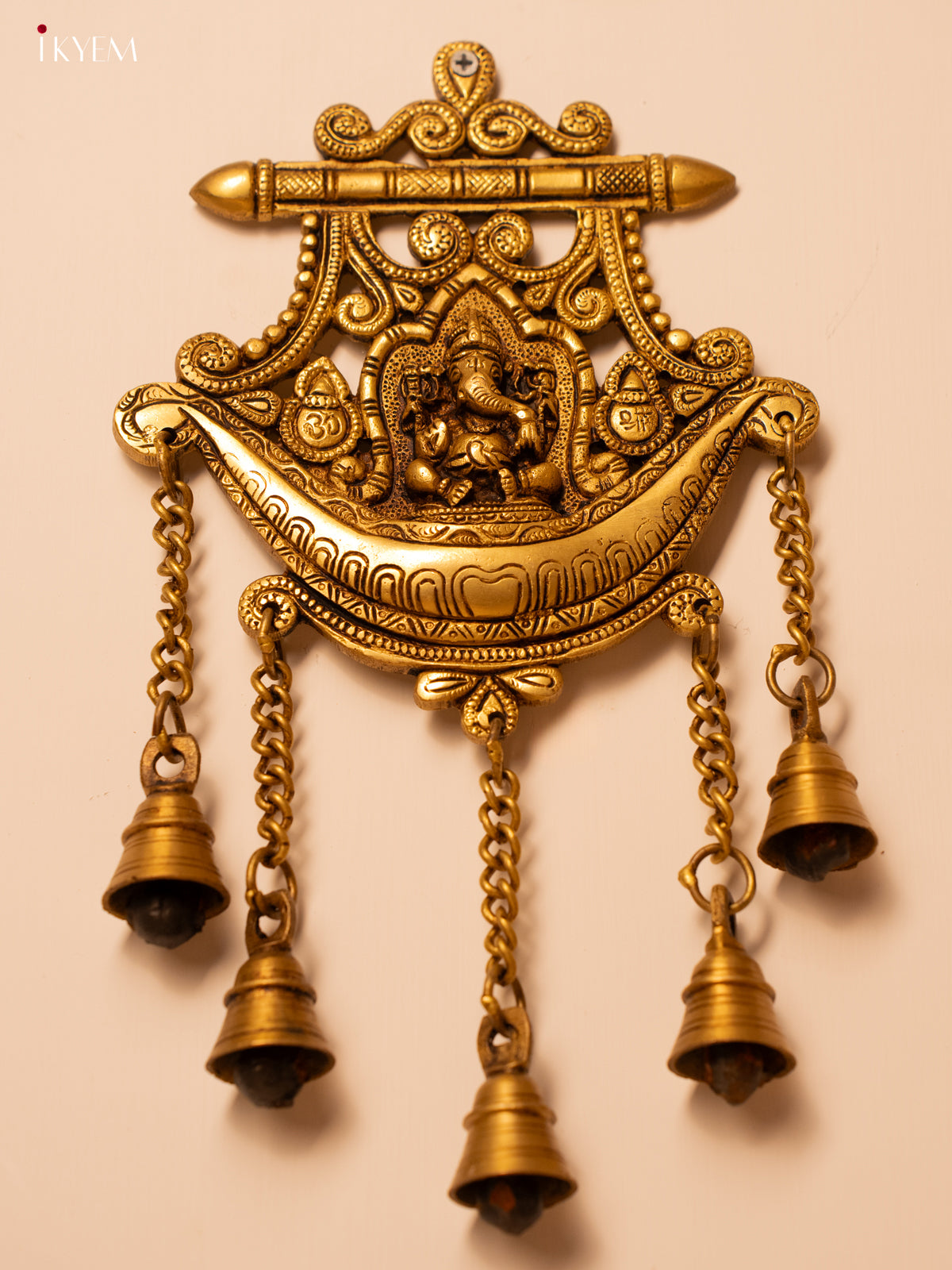 Brass Ganesha Wall Hanging with Bells - 13 Inch- KK26165