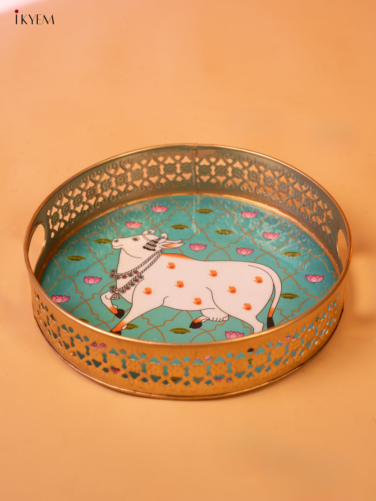Digital Printed Pichwai Thambulam Tray 9 (10×10)- Teal Green - KK26236