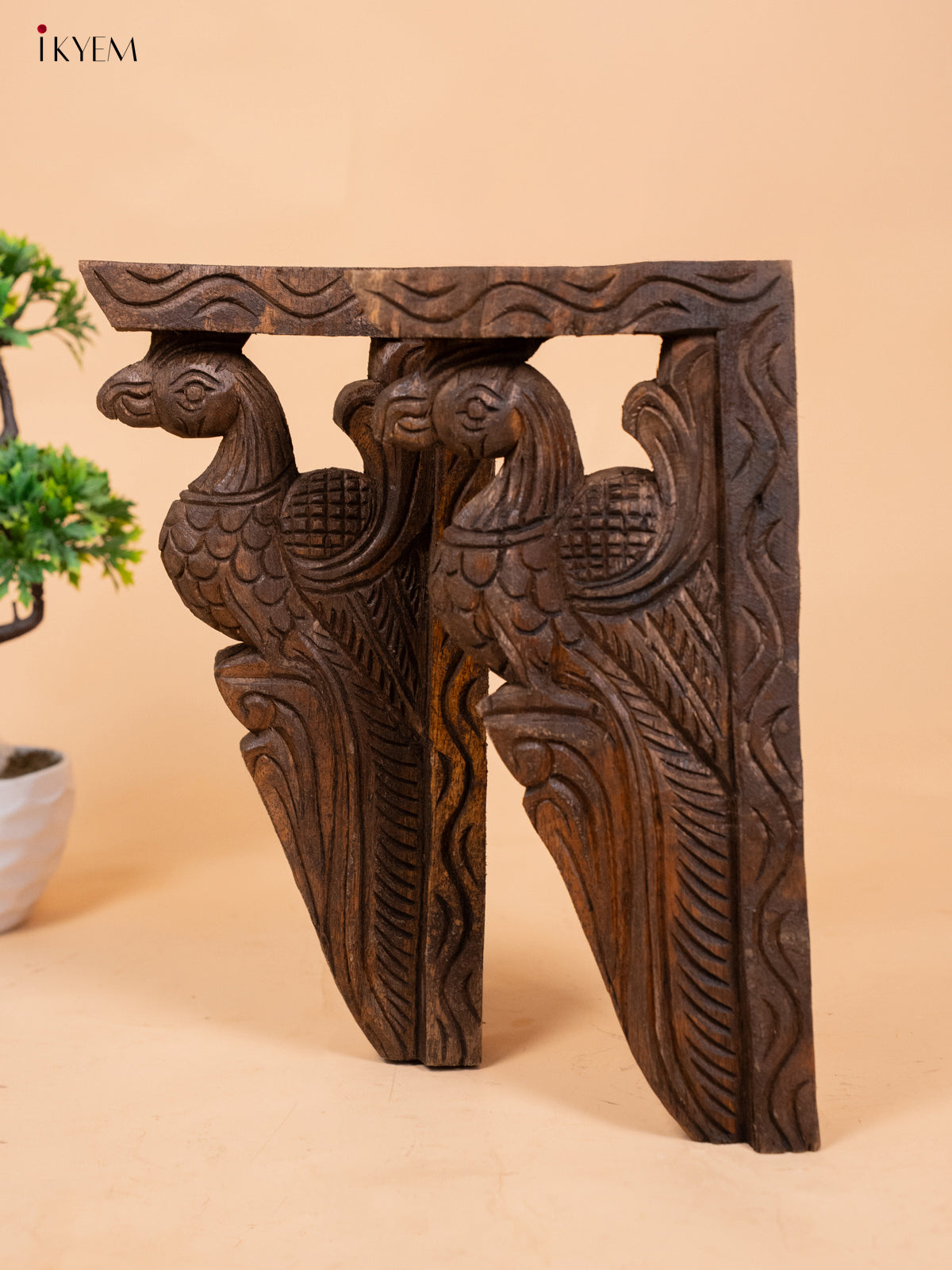 Hand Carved Wooden Yazhi Bracket - Peacock (6x3x12) - KL10114