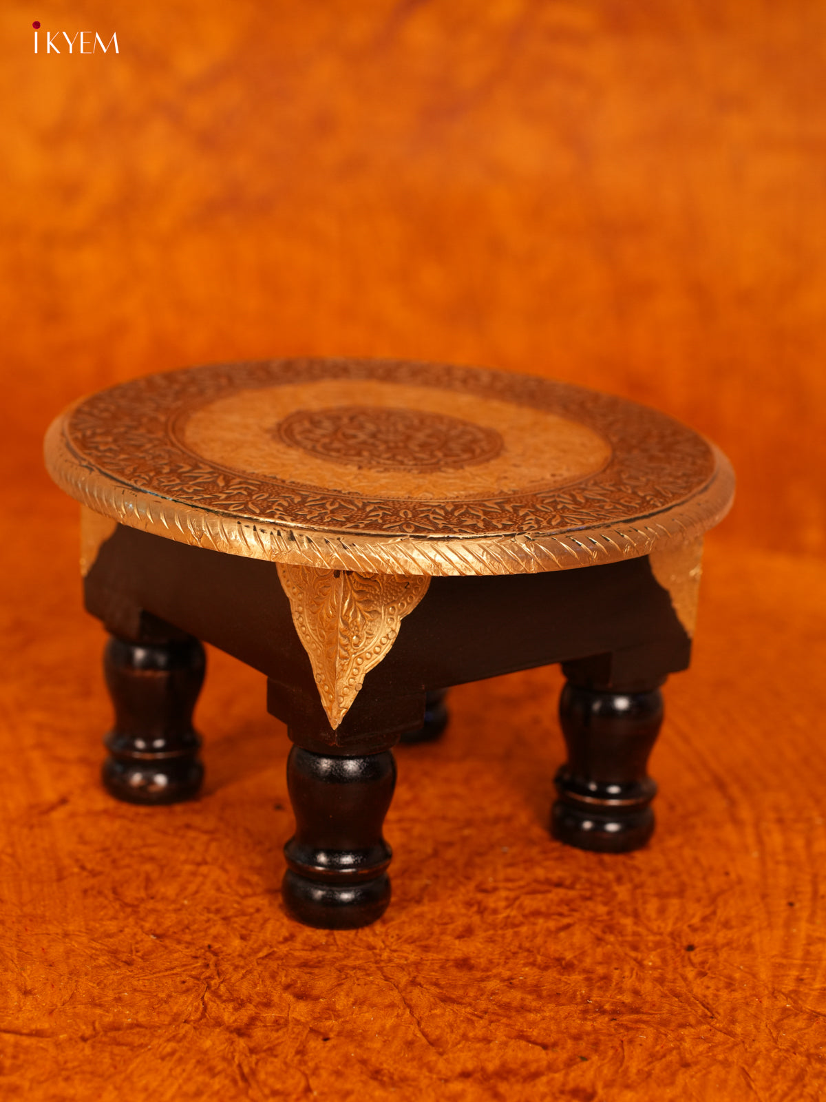 Brass Fitted Round Wooden Stool - 10 inch - KL31116