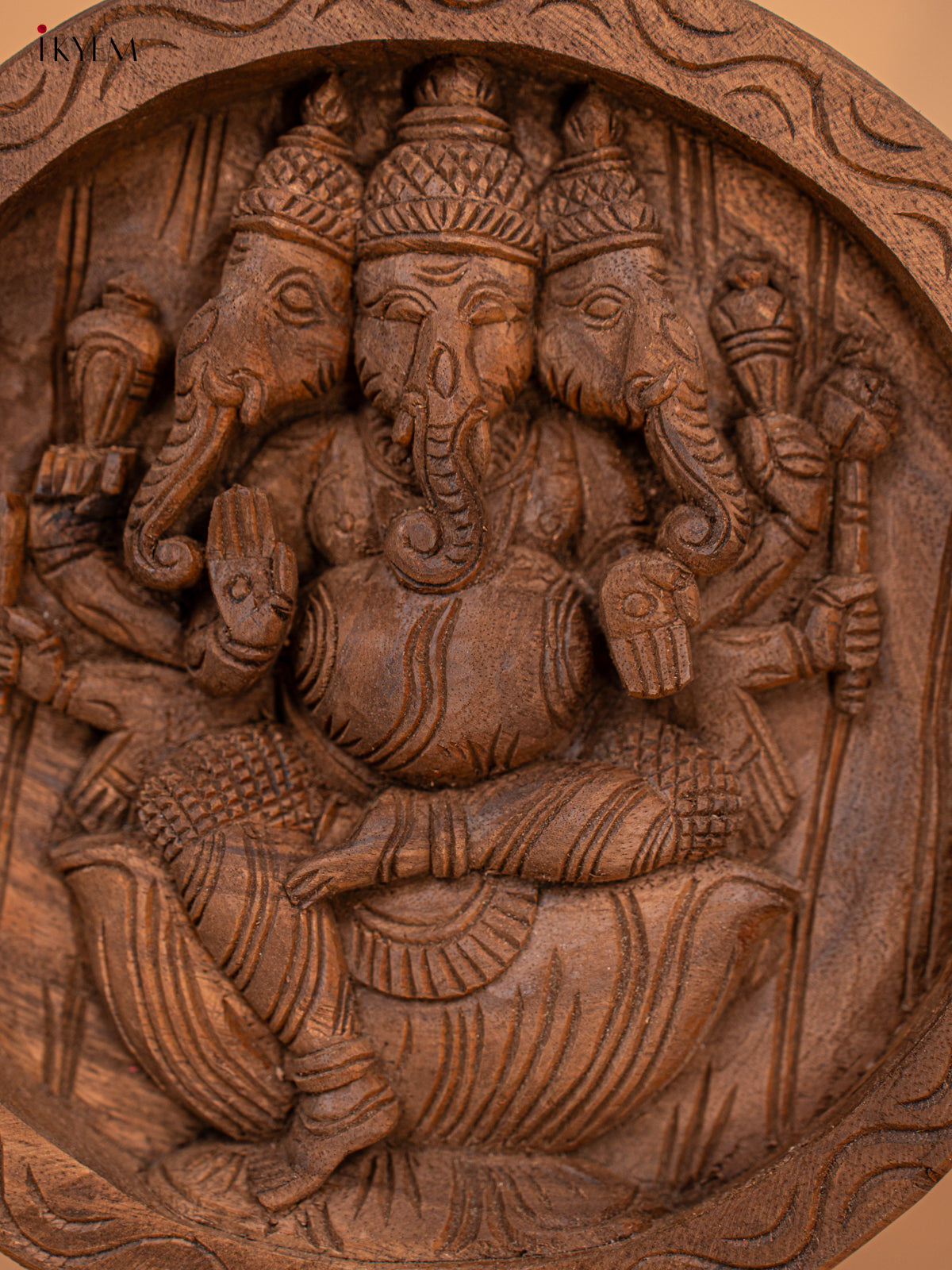 Wooden Hand Carved Trimukha Ganapati (17*17)- KM04112