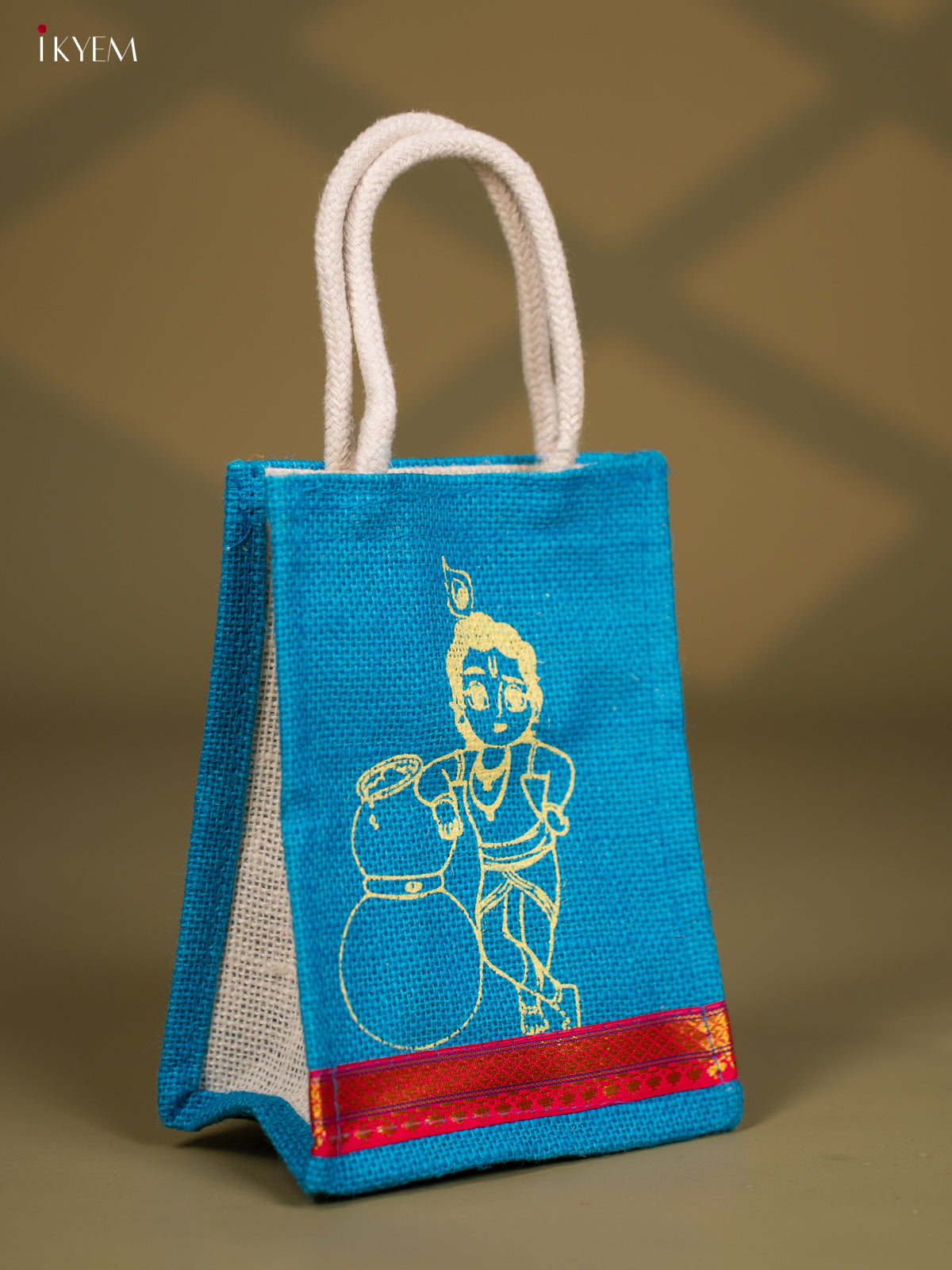 Krishna Printed Blue Jute Bag With Zari Border - 8 Inch 