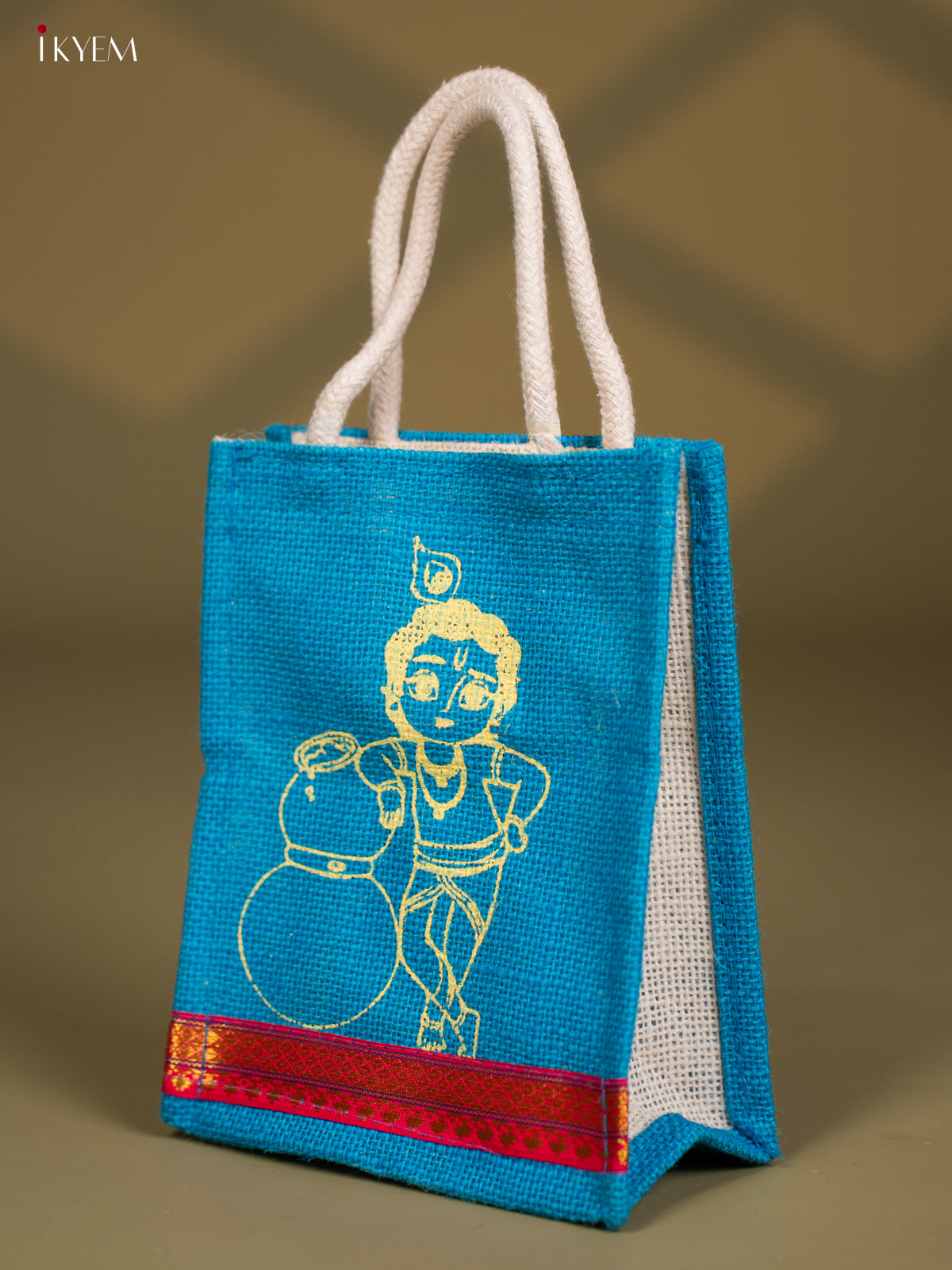 Krishna Printed Blue Jute Bags With Zari Border - 8 Inch 