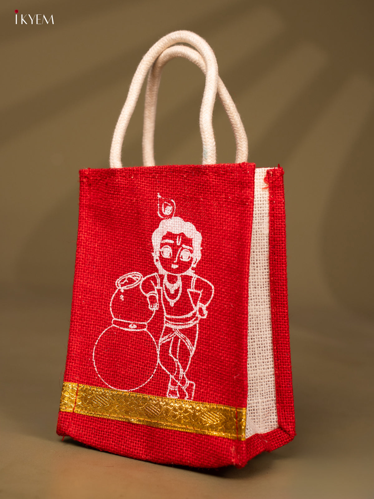 Krishna Printed Red Jute Bag With Zari Border - 8 Inch