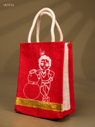 Krishna Printed Red Jute Bag With Zari Border - 8 Inch