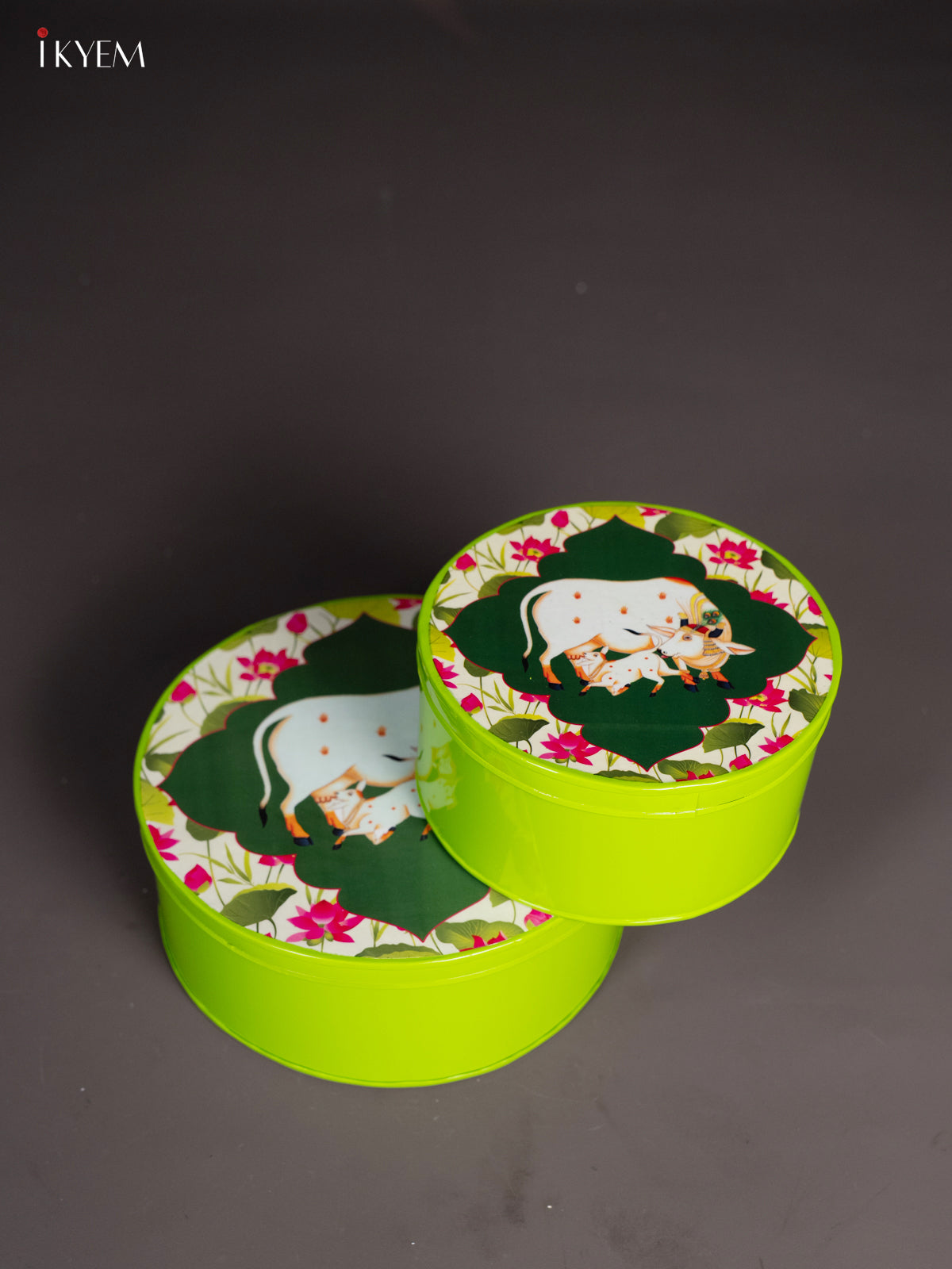 Light Green Pichwai Cow & Calf Printed Metal Storage Box 