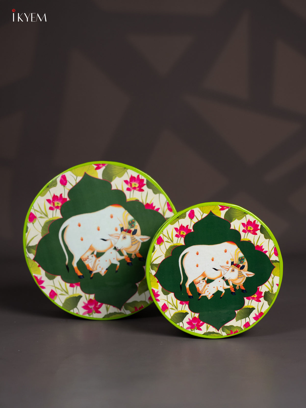 Light Green Pichwai Cow & Calf Printed Metal Storage Box - (8x8) Inches