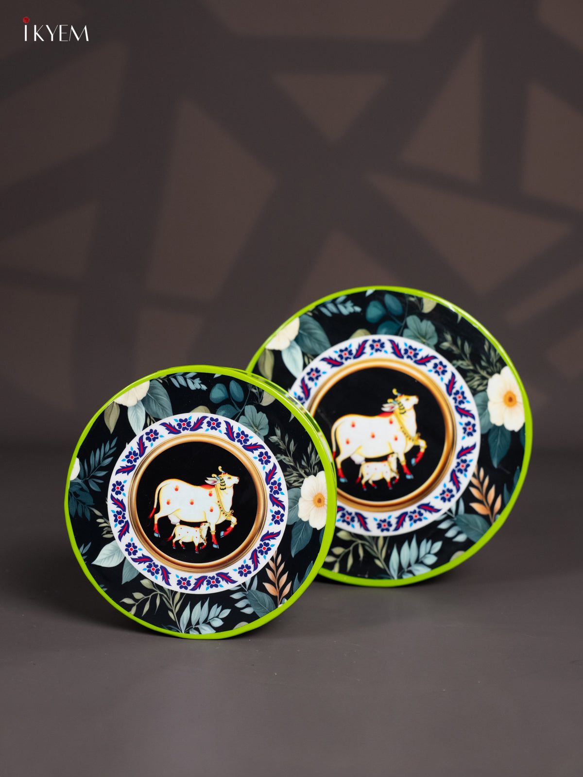 Lime Green Pichwai Cow & Calf Printed Metal Storage Box - (8x8) Inches