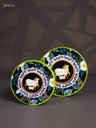 Lime Green Pichwai Cow & Calf Printed Metal Storage Box - (8x8) Inches