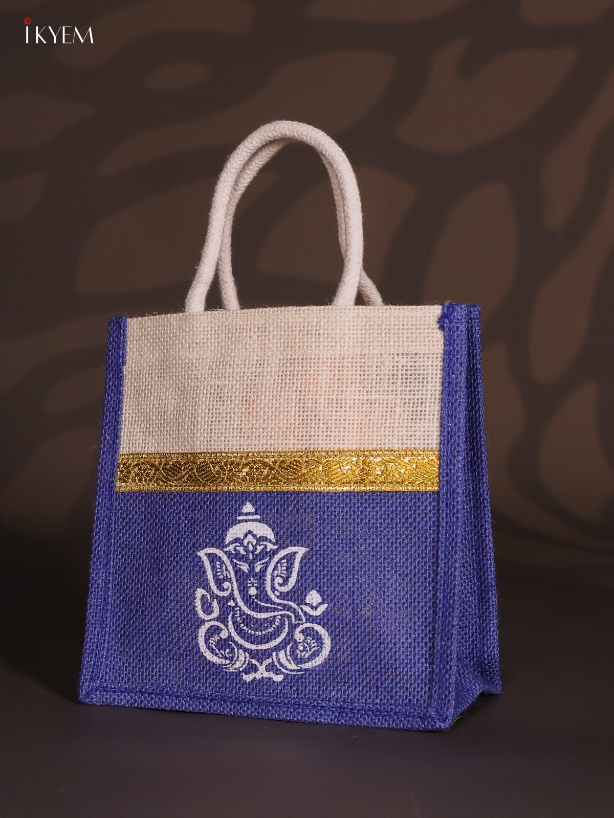 Lovely Violet & Beige Ganesha Printed Jute Bags with Zari border  