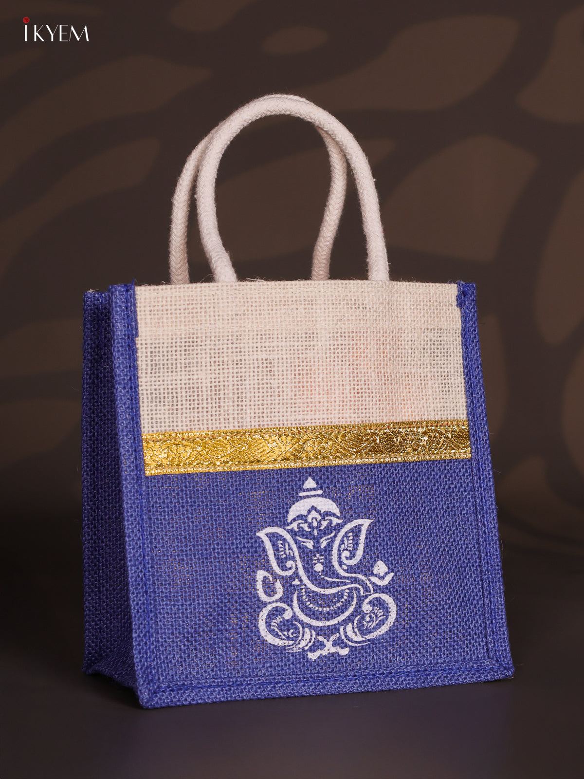 Lovely Violet & Beige Ganesha Printed Jute Bags with Zari border - 8 Inch 