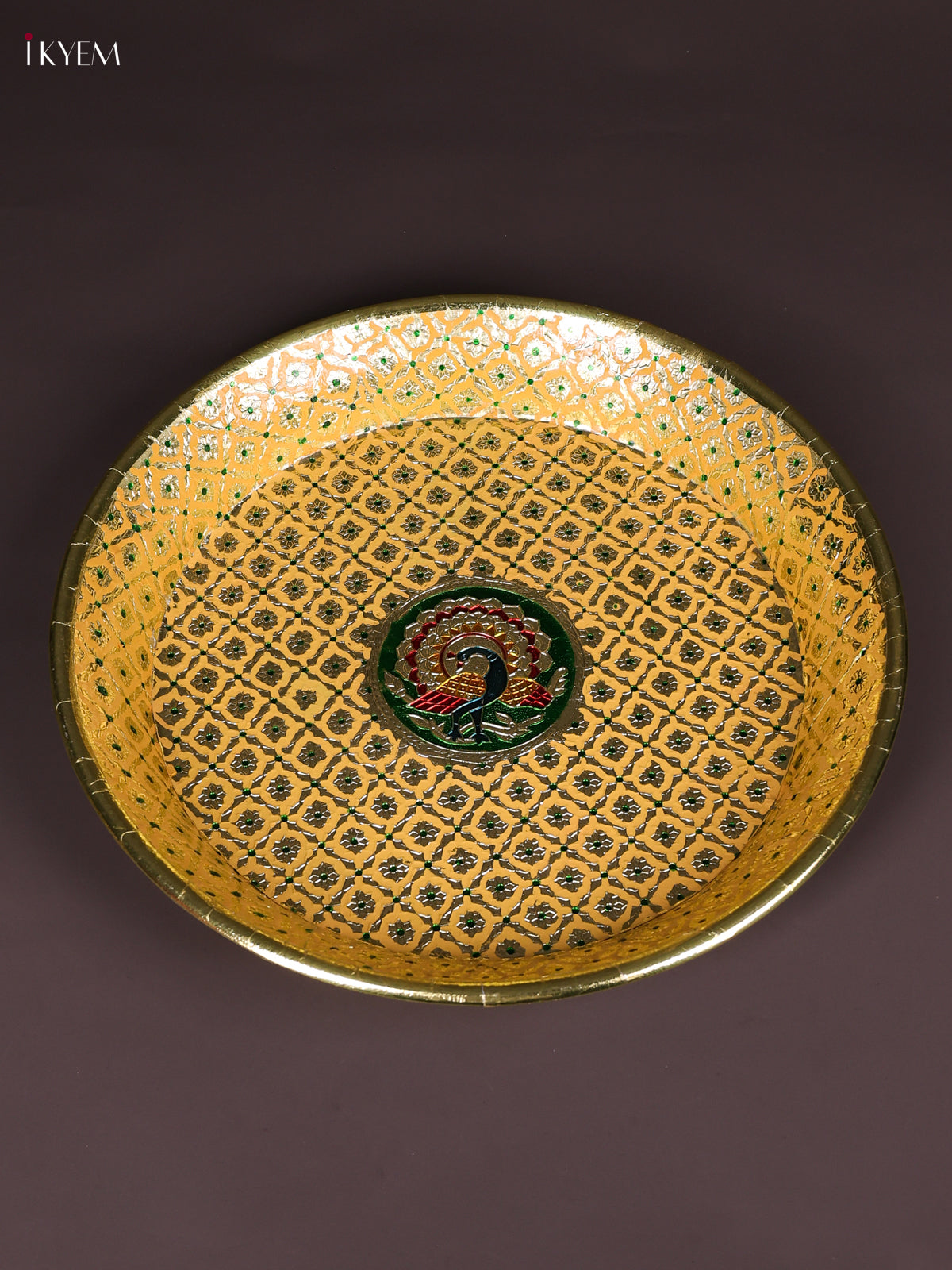 Luminous Yellow Meenakari Latice Printed Round Plate