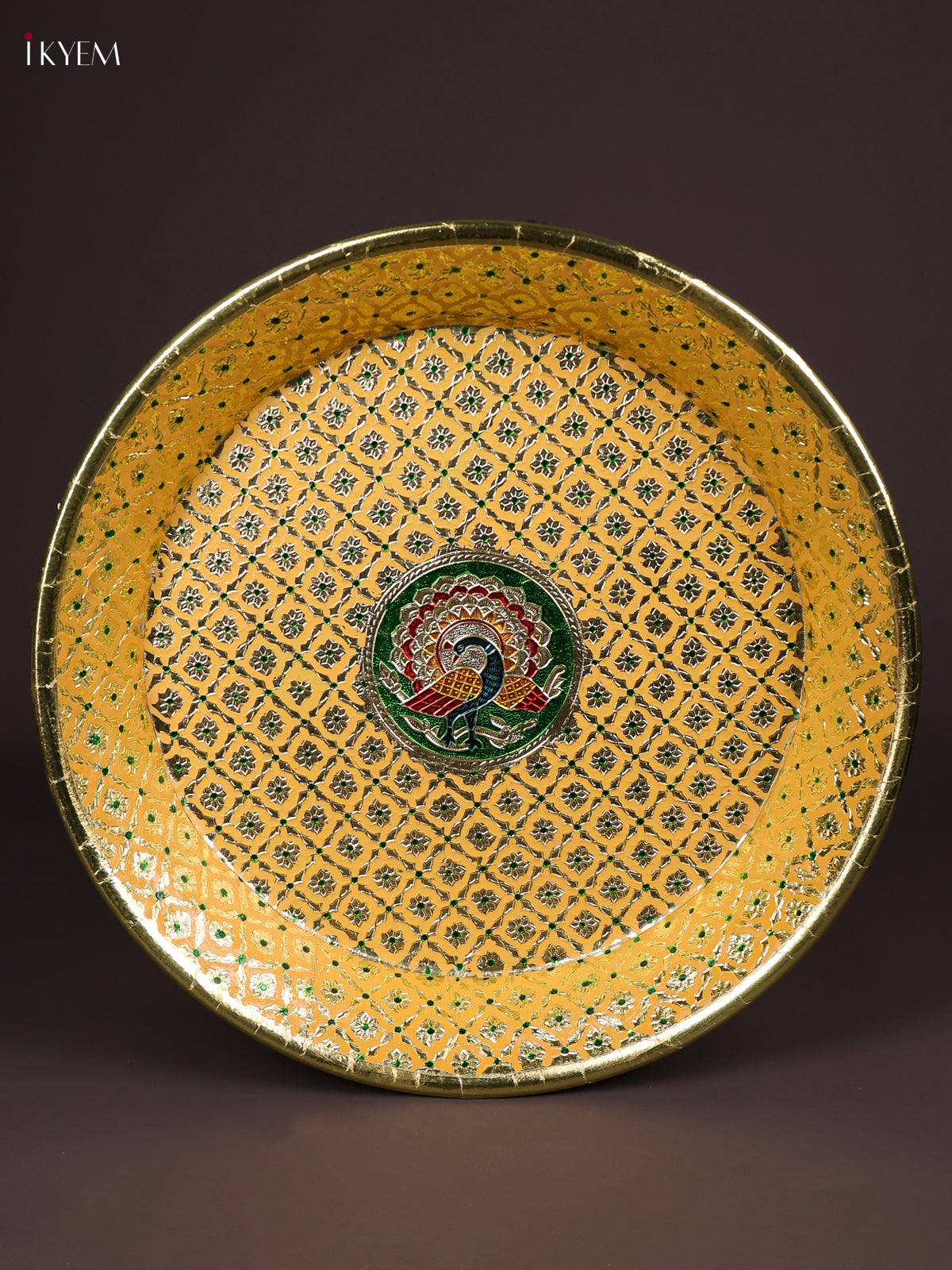 Luminous Yellow Meenakari Latice Printed Round Plate 2