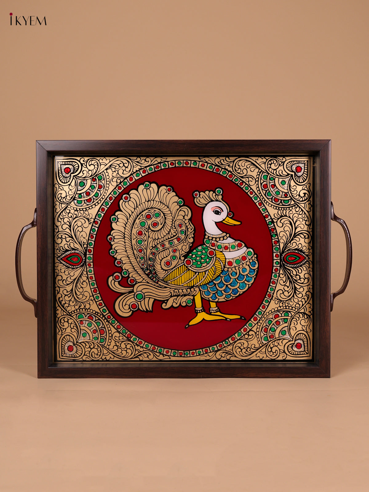 Luxurious Annapakshi Reverse Glass Painted Tray In Maroon 1