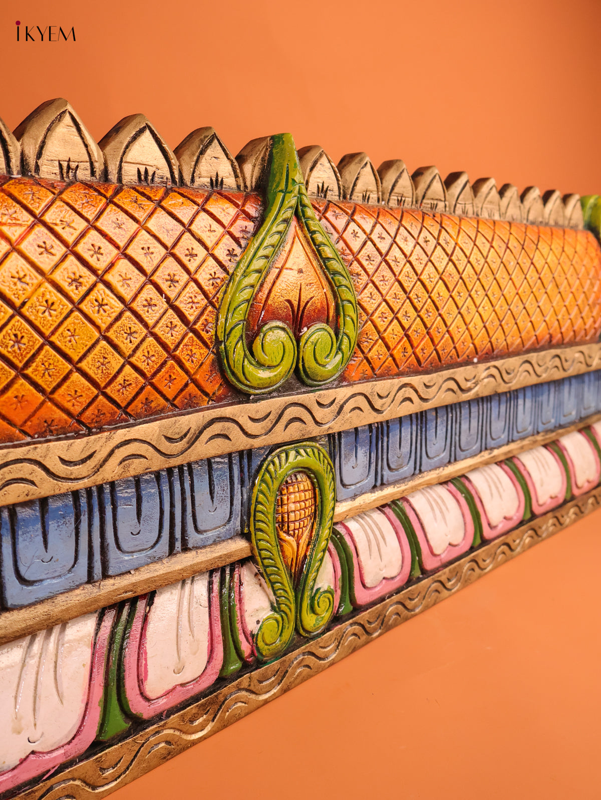 Luxurious Hand Painted Temple Gopuram Carved Wooden Wall Panel 4