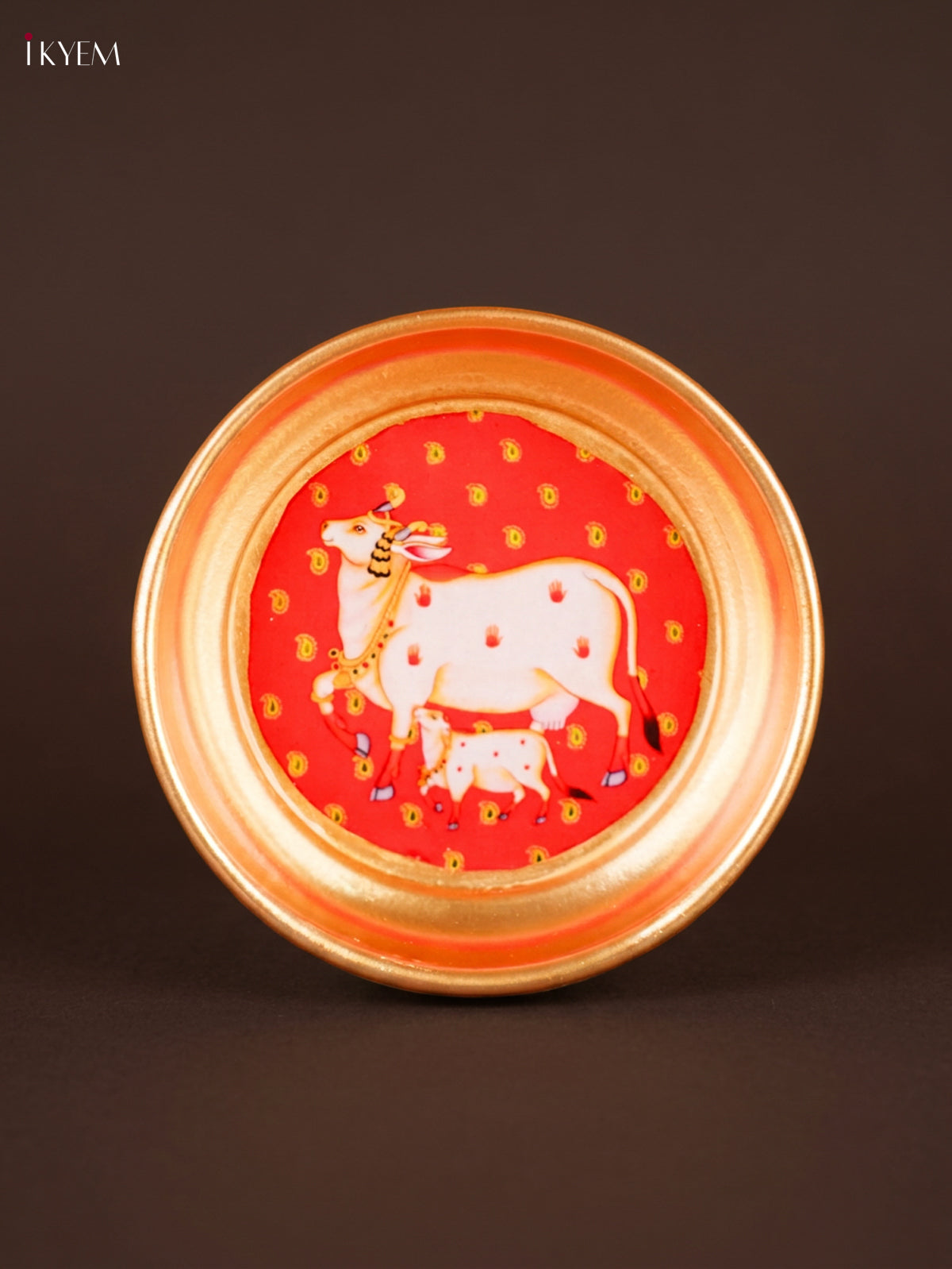 Magnificent Red Pichwai Cow & Calf Printed Brass Coated Decorative Plate