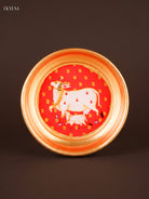 Magnificent Red Pichwai Cow & Calf Printed Brass Coated Decorative Plate