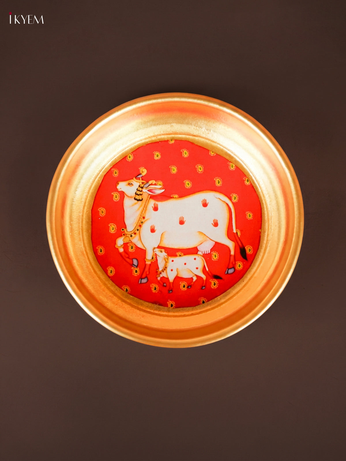 Magnificent Red Pichwai Cow & Calf Printed Brass Coated Decorative Plate 1
