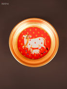 Magnificent Red Pichwai Cow & Calf Printed Brass Coated Decorative Plate 1