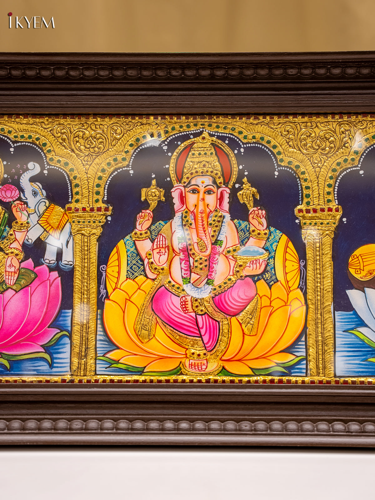Majestic Goddess GajaLakshmi, Sarswathi & Ganesha Tanjore Painting 3