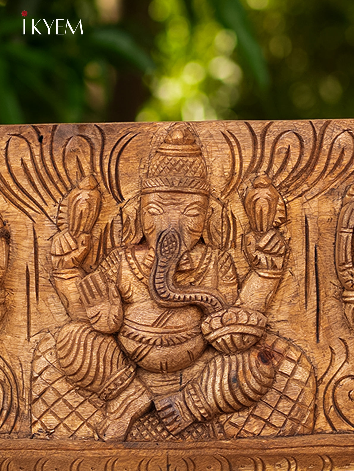 Majestic Hand Carved Ganesha & Elephant Wooden Panel 1
