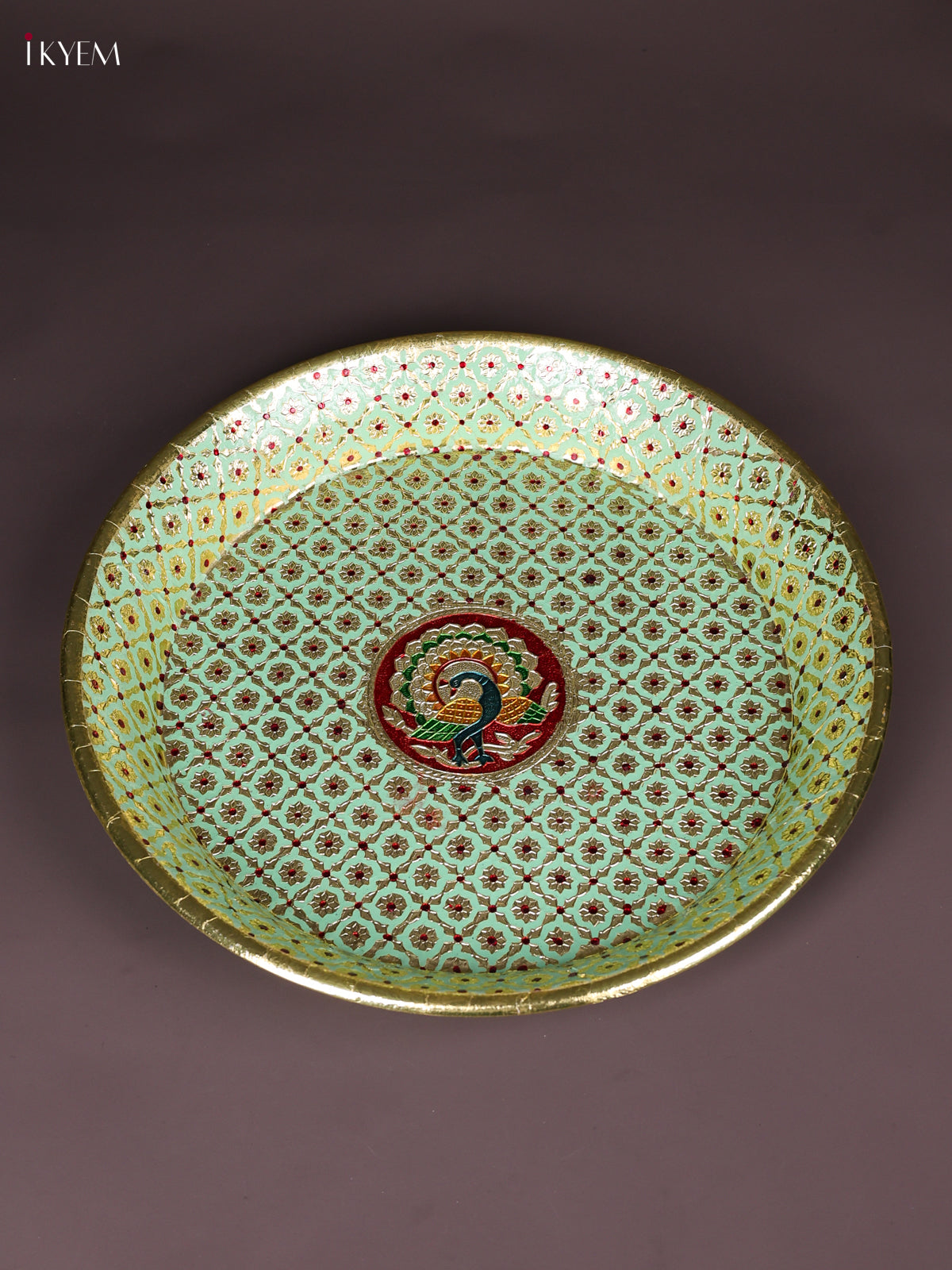Majestic Light Green Meenakari Latice Printed Round Plate