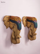 Majestic Set Of 2 Wooden Hand Carved Elephant Head Wall Bracket 1