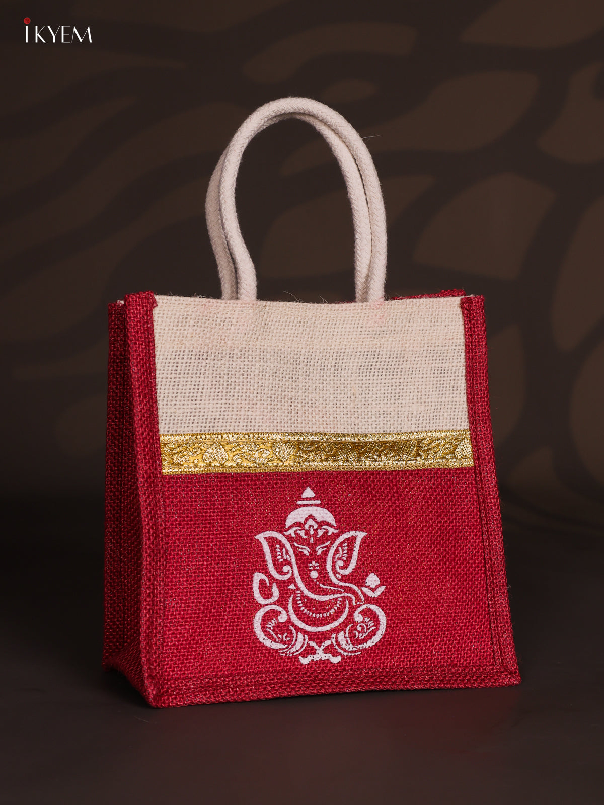Maroon & Beige Ganesha Printed Jute Bags with Zari border - 8 Inch 