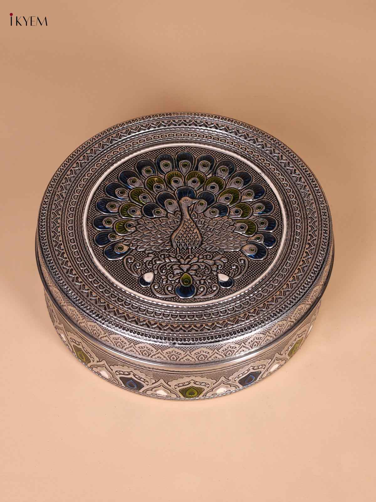 Meenakari Storage Box With Fan Tailed Peacock Design With Blue & Green Accents 