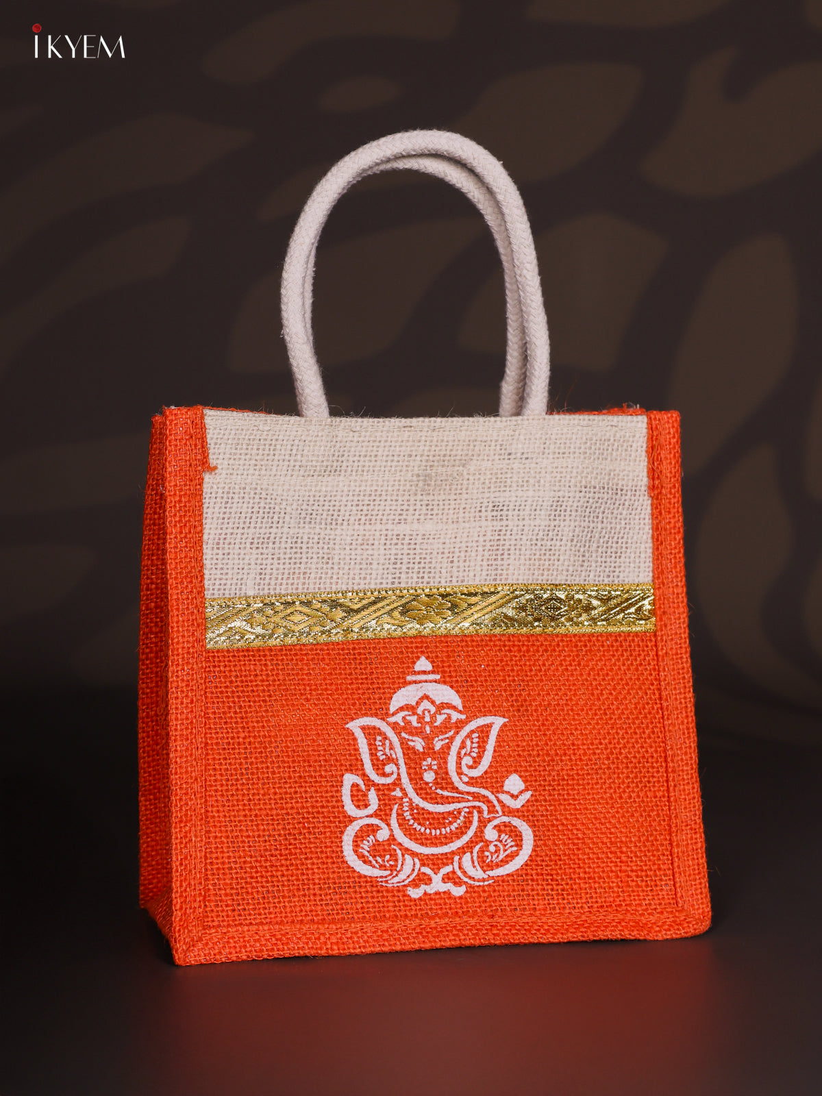 Orange & Beige Ganesha Printed Jute Bags with Zari border - 8 Inch 