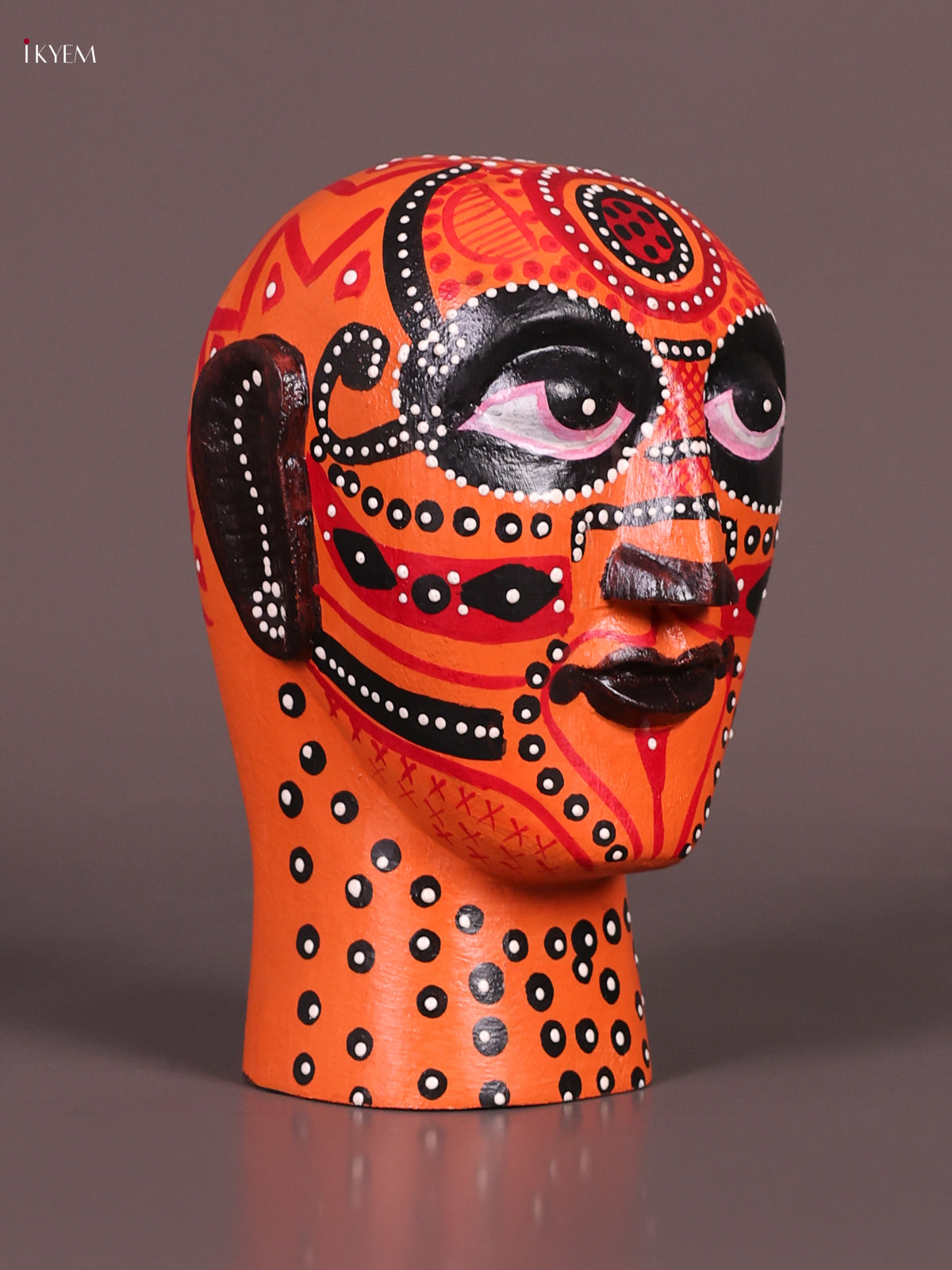 Ornate Orange Hand Painted Theyyam Wooden Idol 1