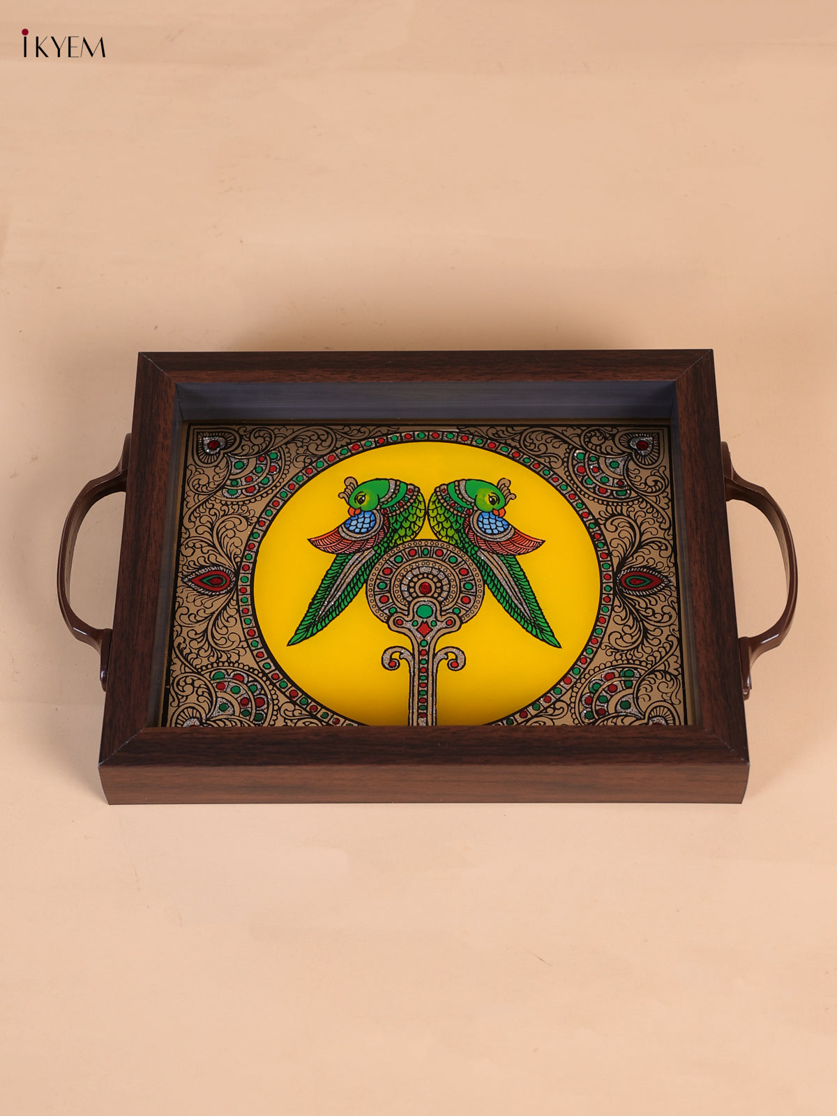 Ornate Twin Parrot Reverse Glass Painted Tray In Yellow 
