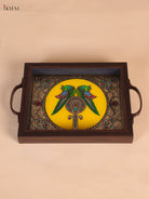 Ornate Twin Parrot Reverse Glass Painted Tray In Yellow 