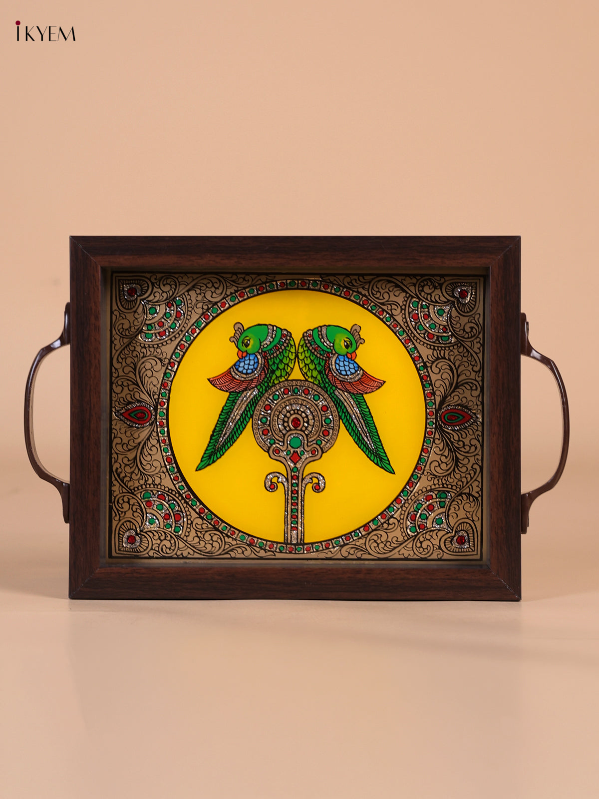 Ornate Twin Parrot Reverse Glass Painted Tray In Yellow 1