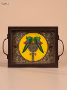 Ornate Twin Parrot Reverse Glass Painted Tray In Yellow 1