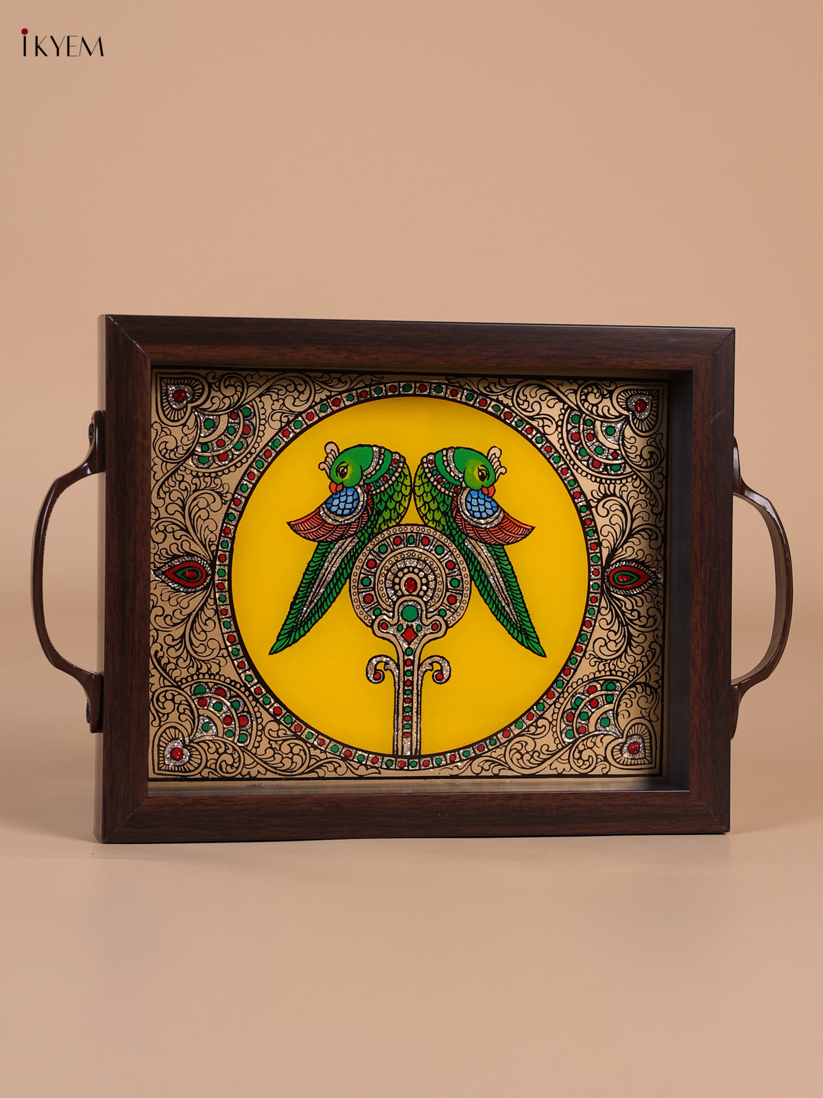 Ornate Twin Parrot Reverse Glass Painted Tray In Yellow 2