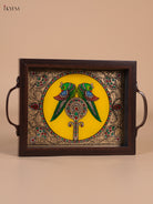 Ornate Twin Parrot Reverse Glass Painted Tray In Yellow 2