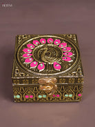 Oxidized Gold Trinket Box with Pink Peacock Motif 