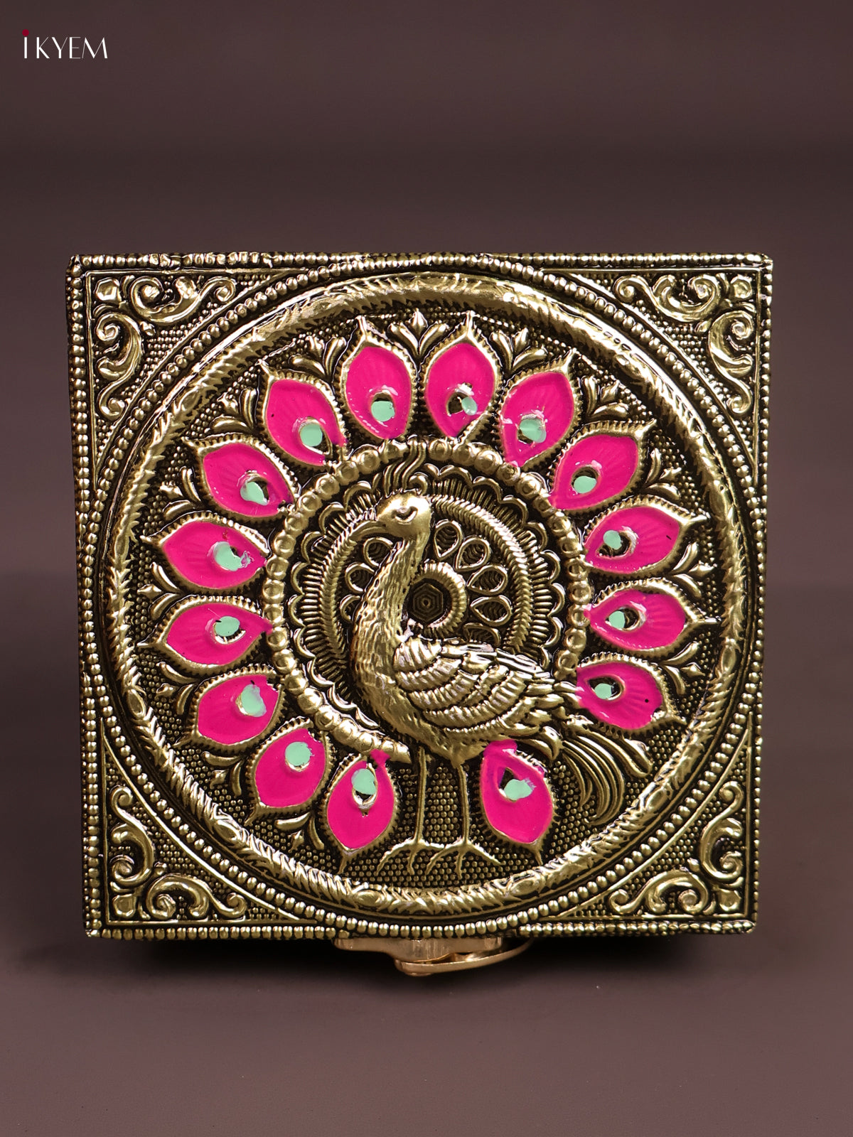 Oxidized Gold Trinket Box with Pink Peacock Motif 2
