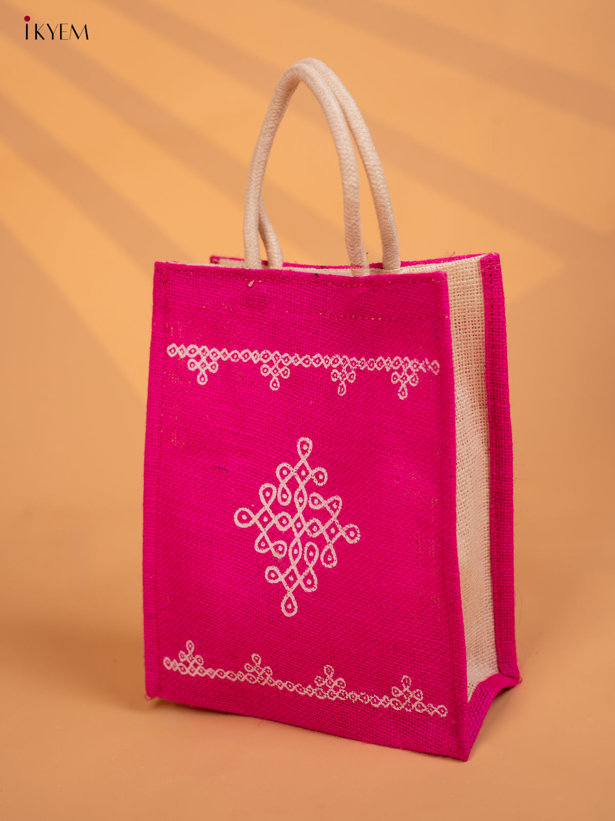 Pink Colour Jute Bags With Kolam Print