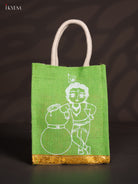 Pretty 8 Inch Baby Krishna Printed Green Jute Bags